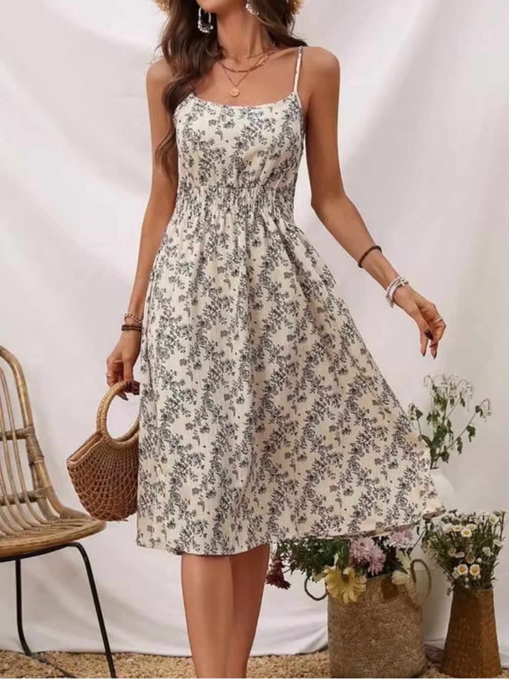 SHEIN Cream Dress with Black Floral Print
